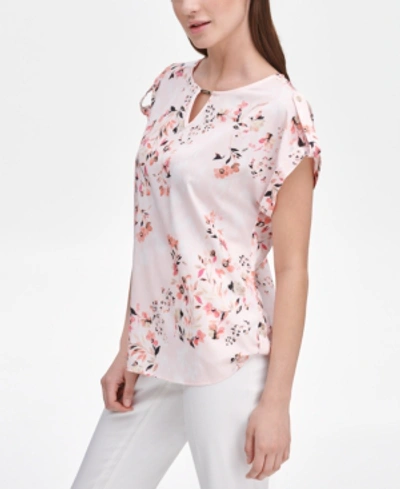 Shop Calvin Klein Floral-print Keyhole Top In Porcelain Rose