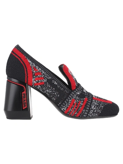 Shop Prada Knitted Logo Loafers In Black + Red