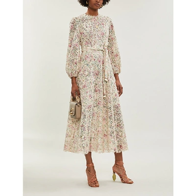 Shop Zimmermann Honour Floral-print Cotton-guipure Midi Dress In Cream Floral