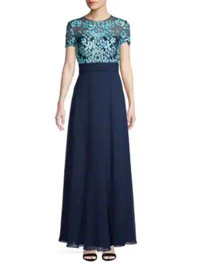 Shop Js Collections Embroidered Illusion Flare Gown In Navy