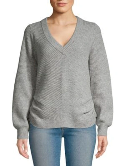 Shop Frame Cinched Rib-knit V-neck Wool & Cashmere Sweater In Grey