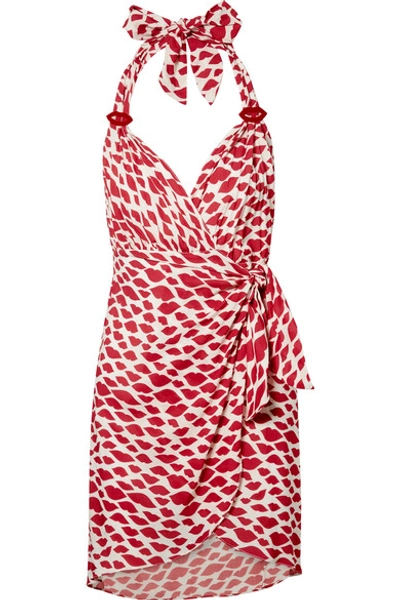 Shop Adriana Degreas Bacio Printed Voile Halterneck Mini Wrap Dress In Red