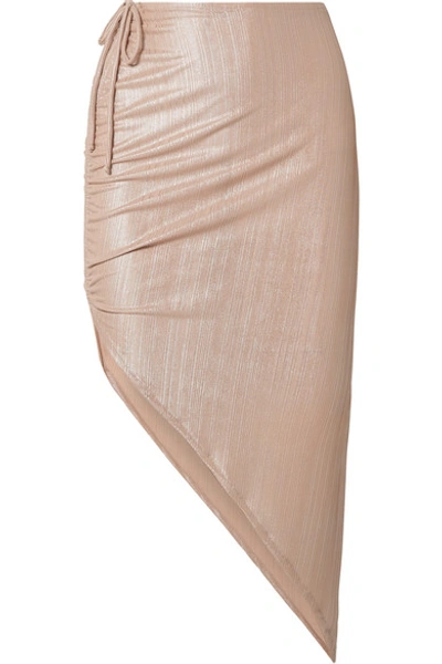 Shop Adriana Degreas Martini Asymmetric Ruched Ribbed Lamé Skirt In Metallic