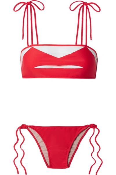 Shop Adriana Degreas Bacio Tulle-paneled Bikini In Red