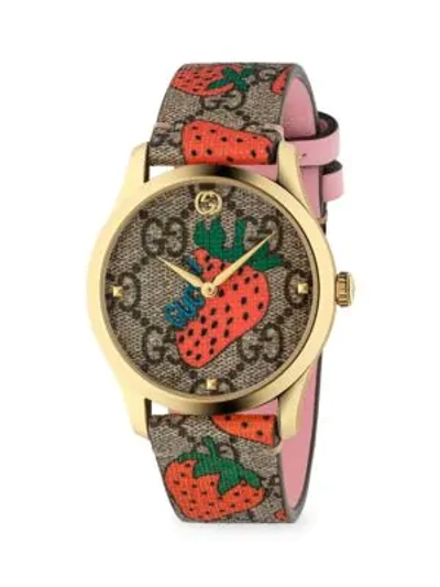 Shop Gucci G-timeless Contemporary Strawberry Goldtone Pvd Watch