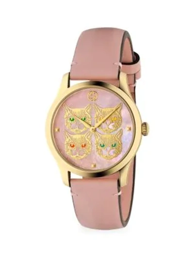 Shop Gucci G-timeless Contemporary Cats Goldtone Pvd & Leather Strap Watch