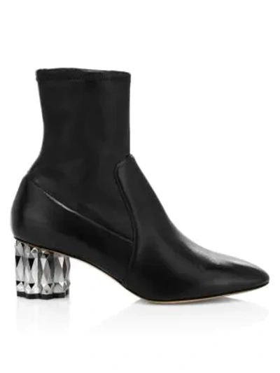 Shop Ferragamo Women's Camellia Faceted-heel Leather Ankle Boots In Black