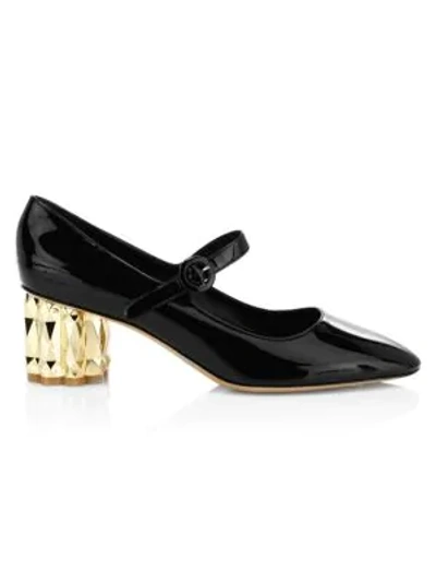 Shop Ferragamo Women's Ortensia Faceted-heel Patent Leather Mary Janes In Black