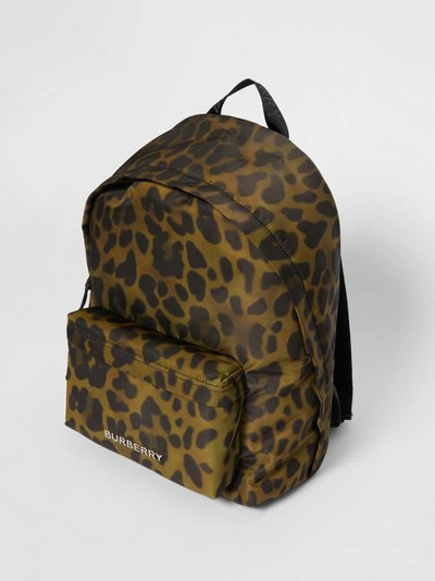 Shop Burberry Leopard Print Nylon Backpack In Khaki Green