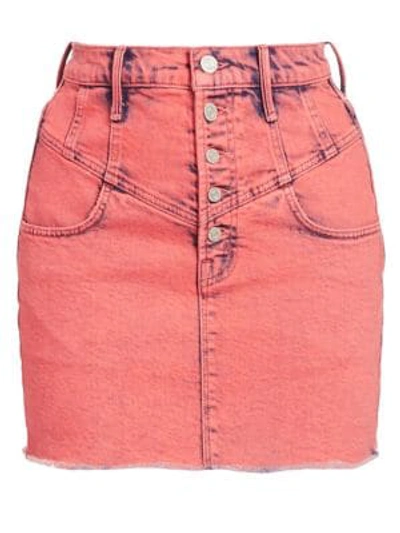 Shop Mother Swooner Distressed Hem A-line Denim Skirt In Raspberry