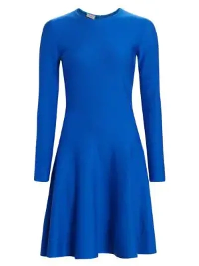 Shop Akris Punto Long Sleeve Wool Fit-&-flare Dress In Electric Blue