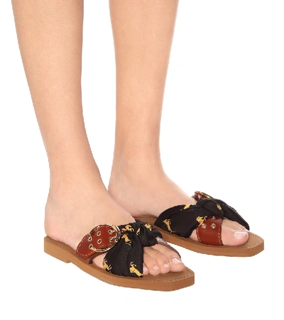 Shop Chloé Leather And Fabric Slides In Brown