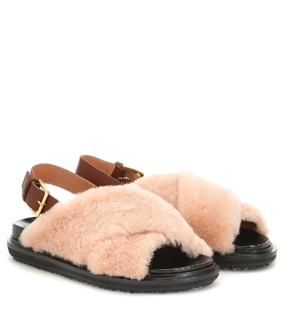 Shop Marni Shearling And Leather Sandals In Pink