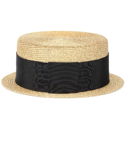 Shop Saint Laurent Metallic Boater Hat In Gold