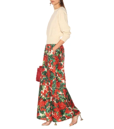 Shop Dolce & Gabbana Floral Silk Wide-leg Pants In Red