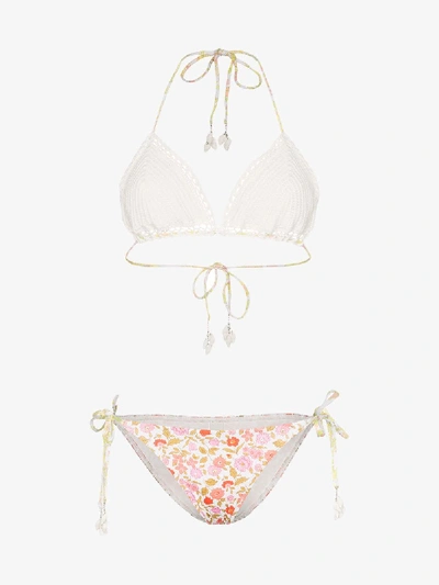 Shop Zimmermann White Floral And Crochet Mix-match Bikini In Multicolour