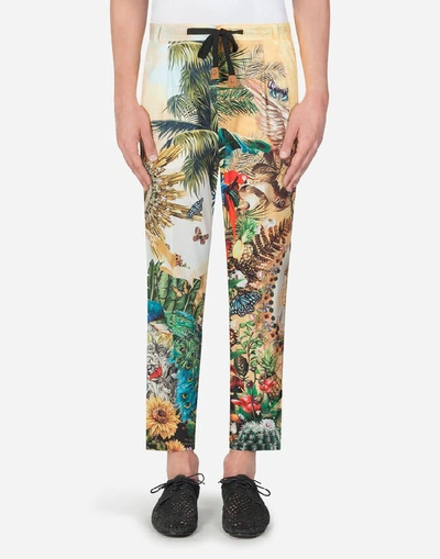 Shop Dolce & Gabbana Linen Jogging Pants With Tropical King Print In Multi-colored