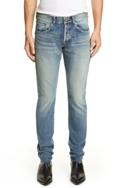 Shop Saint Laurent Slim Fit Distressed Jeans In Dirty Green Blue