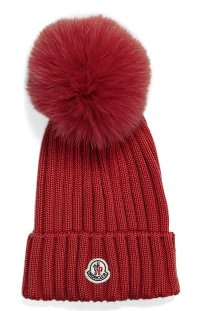 Moncler Genuine Fox Fur Pom Wool Beanie - Red | ModeSens