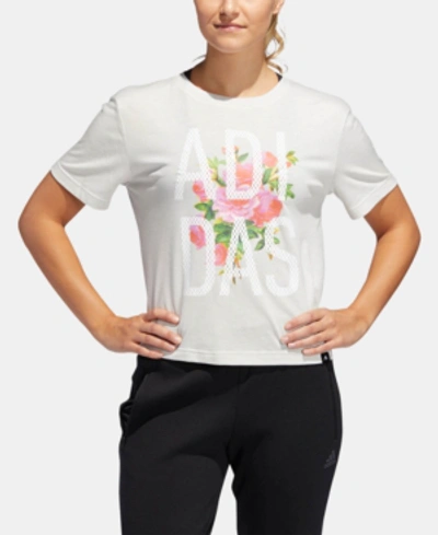 Shop Adidas Originals Adidas Floral Essentials Logo T-shirt In Raw White
