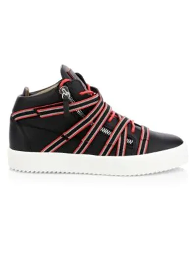 Shop Giuseppe Zanotti Mid-top Strap Leather Sneakers In Nero Rosso