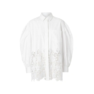Shop Burberry Macrame Lace Panel Cotton Oxford Oversized Shirt In White