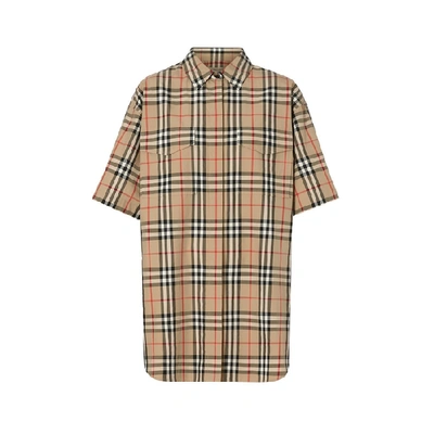 Shop Burberry Short-sleeve Vintage Check Cotton Oversized Shirt In Archive Beige Ip Chk