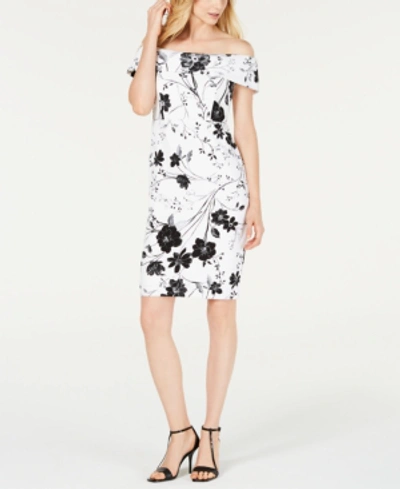 Shop Calvin Klein Floral Off-the-shoulder Dress In Cream/black