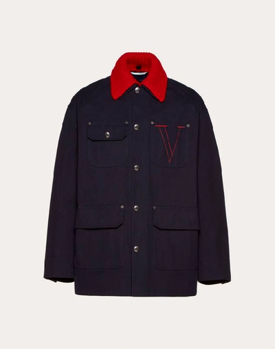 Shop Valentino Uomo Cotton Pea Coat With Embroidered V In Blue