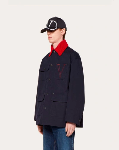 Shop Valentino Uomo Cotton Pea Coat With Embroidered V In Blue