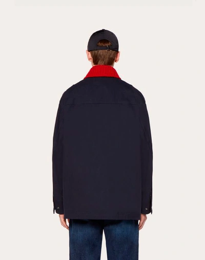 Shop Valentino Uomo Cotton Pea Coat With Embroidered V In Blue