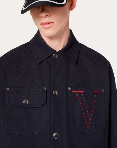 Shop Valentino Uomo Cotton Pea Coat With Embroidered V In Blue