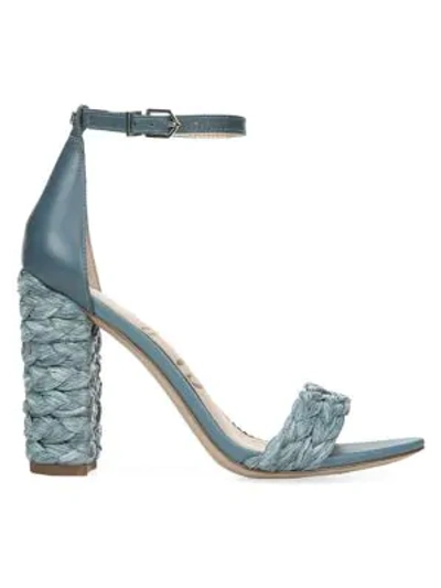 Shop Sam Edelman Yoana Raffia Block-heel Sandals In Denim Blue