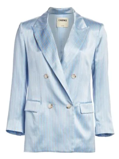 Shop L Agence Taryn Striped Silk Blazer In Sky Blue Multistripe
