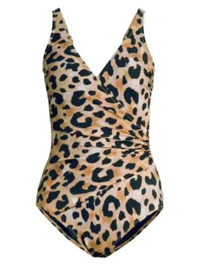 Shop Gottex Swim Women's Leopard Print Ruched Surplice One-piece Swimsuit In Multi Brown