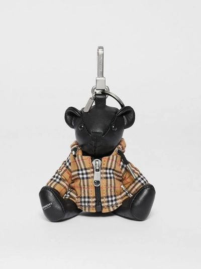 Shop Burberry Thomas Bear Charm In Vintage Check Hooded Top In Black/antique Yellow