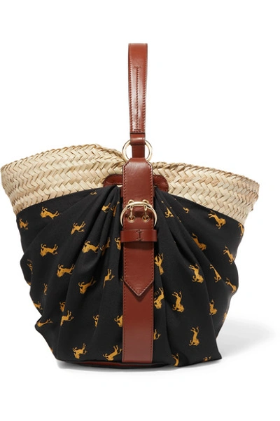 Shop Chloé Panier Leather-trimmed Printed Twill And Woven Raffia Tote In Black