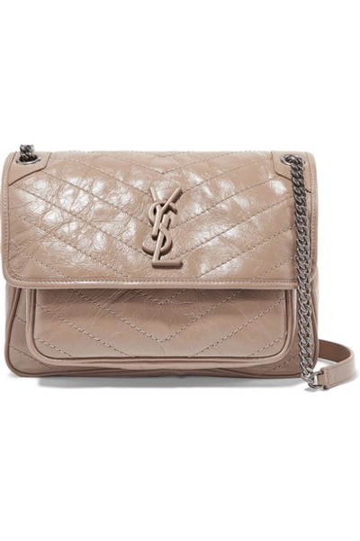 Shop Saint Laurent Niki Medium Quilted Crinkled Glossed-leather Shoulder Bag In Beige