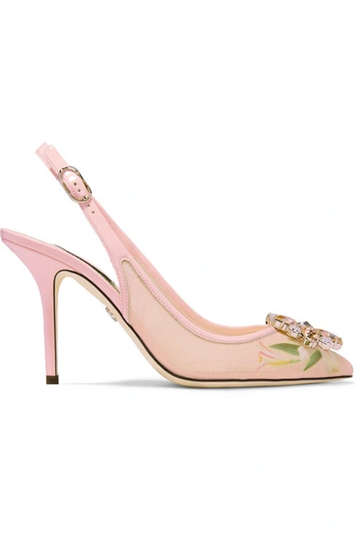 Shop Dolce & Gabbana Swarovski Crystal-embellished Patent Leather-trimmed Floral-print Mesh Slingback Pumps In Antique Rose