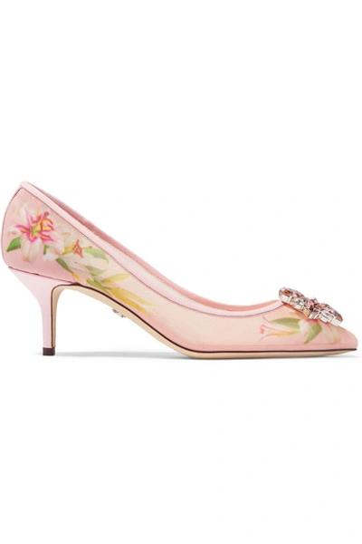 Shop Dolce & Gabbana Crystal-embellished Patent Leather-trimmed Floral-print Mesh Pumps In Antique Rose