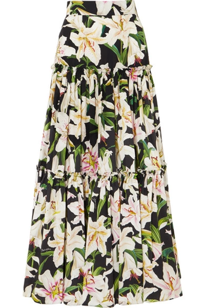 Shop Dolce & Gabbana Tiered Floral-print Cotton-poplin Maxi Skirt In Black