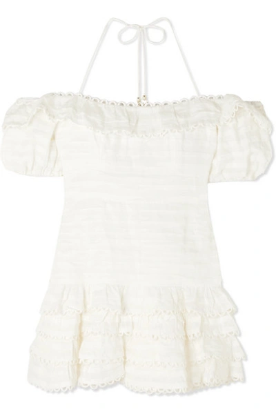Shop Zimmermann Allia Cold-shoulder Ruffled Linen Mini Dress In Ivory