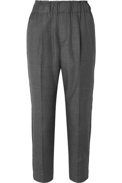 Shop Brunello Cucinelli Cropped Bead-embellished Wool Tapered Pants In Gray