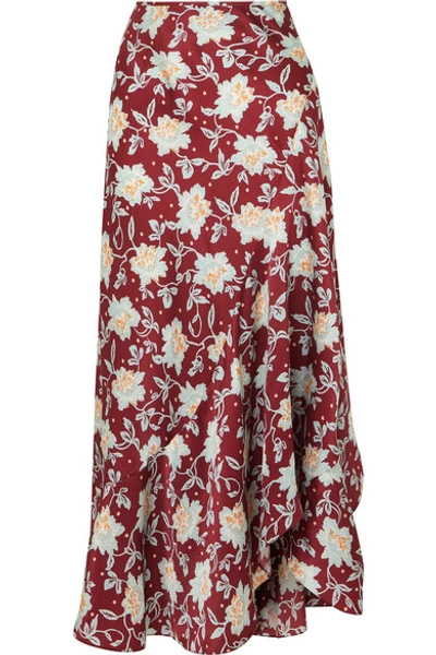 Shop Chloé Asymmetric Floral-print Silk Midi Skirt In Burgundy