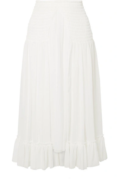 Shop Chloé Shirred Silk-crepon Midi Skirt In White