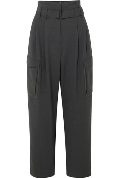 Shop Brunello Cucinelli Cropped Belted Bead-embellished Wool-blend Wide-leg Pants In Dark Gray