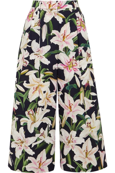 Shop Dolce & Gabbana Cropped Floral-print Cotton Wide-leg Pants In Black