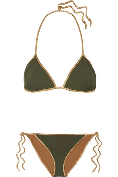 Shop Tooshie Hampton Reversible Lurex-trimmed Triangle Bikini In Green