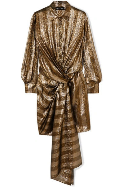 Shop Oscar De La Renta Twist-front Striped Silk-blend Lamé Mini Dress In Gold