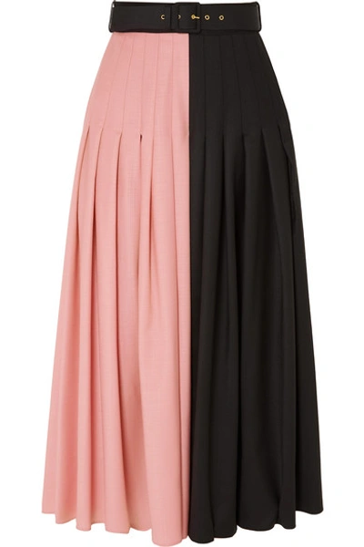 Shop Emilia Wickstead The Woolmark Company Belted Two-tone Pleated Merino Wool Midi Skirt In Pink